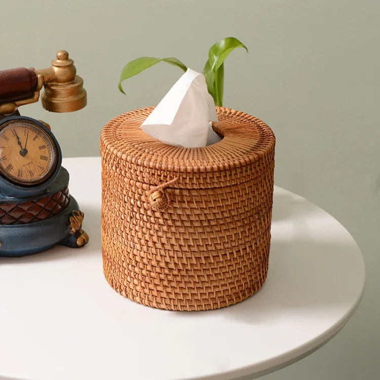 Hộp đựng khăn giấy bện mây hình tròn để bàn nhà hàng ZJH01, Hình tròn