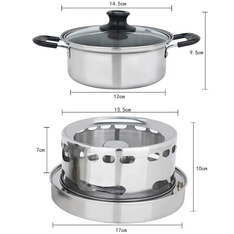 Bộ bếp cồn inox ngoài trời di động, bộ nồi nhỏ đơn, Kích thước: 14cm, Kích thước: 14cm