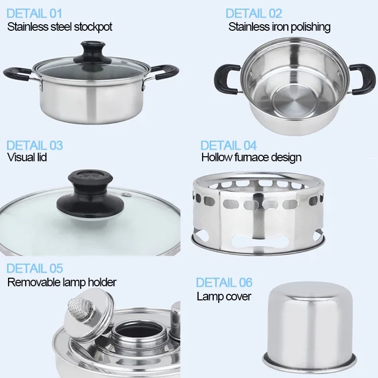 Bộ bếp cồn inox ngoài trời di động, bộ nồi nhỏ đơn, Kích thước: 14cm, Kích thước: 14cm