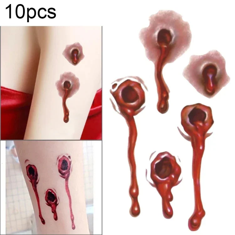 10 miếng dán hình xăm tạm thời vết thương đạn máu Halloween S-251, 10 miếng