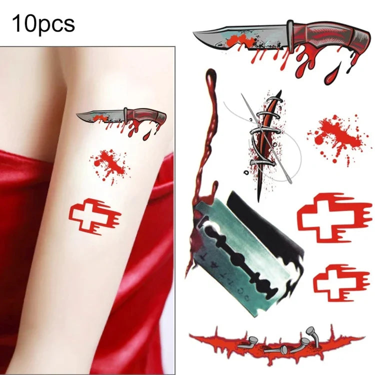 10 miếng dán hình xăm tạm thời vết thương máu sẹo Halloween S-299, 10 miếng