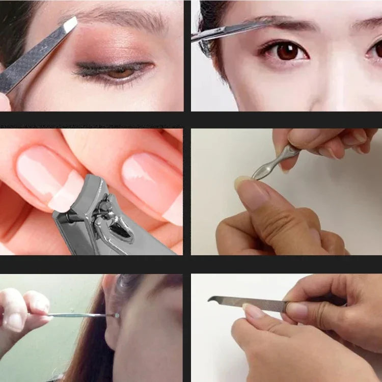 Bộ dụng cụ chăm sóc móng 7 trong 1 (kềm cắt móng phẳng, kềm cắt móng xiên, nhíp đôi, kéo tỉa lông mày, nhíp lông mày, que lấy ráy tai, dũa móng hai mặt) kèm túi da, 7 trong 1