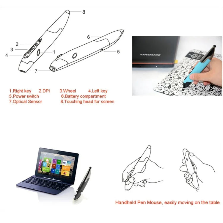 Chuột thông minh không dây kiểu bút cầm tay sáng tạo 2.4GHz cho laptop PC, Màu đỏ, Xanh, Xám