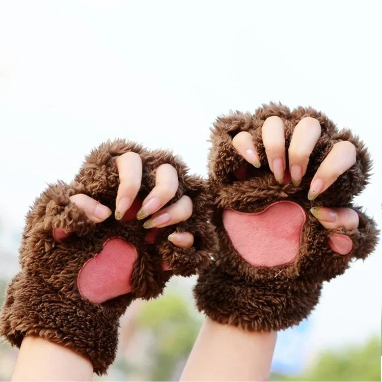 Găng tay nữ mùa đông dễ thương hình móng vuốt mèo hoạt hình, dày, ấm, lông xù, găng tay nửa ngón