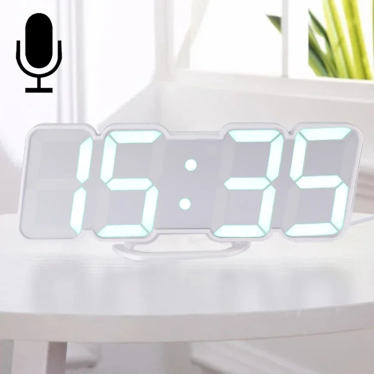 Đồng hồ báo thức kỹ thuật số LED 3D hiện đại điều khiển bằng âm thanh, màu sắc đa dạng, điều chỉnh độ sáng, đồng hồ treo tường phát sáng có điều khiển từ xa, 9001 Đen, 9001 Trắng