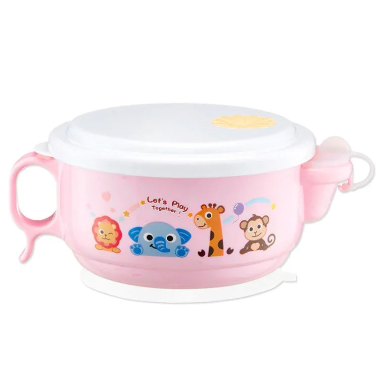 Bát kiểu hoạt hình 2 lớp, bên trong inox và bên ngoài nhựa, dung tích 450ml, có nắp và tay cầm cho trẻ từ 2 đến 9 tuổi