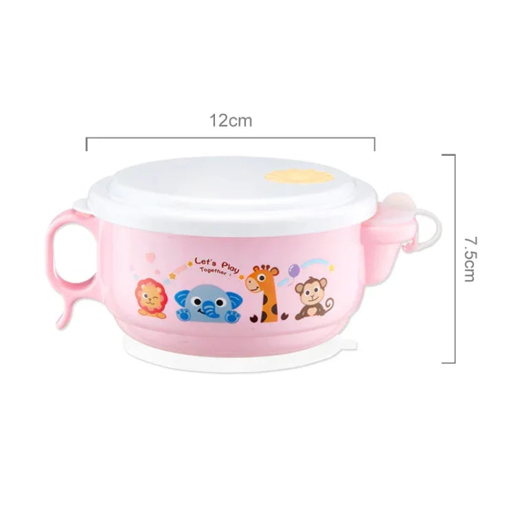 Bát kiểu hoạt hình 2 lớp, bên trong inox và bên ngoài nhựa, dung tích 450ml, có nắp và tay cầm cho trẻ từ 2 đến 9 tuổi