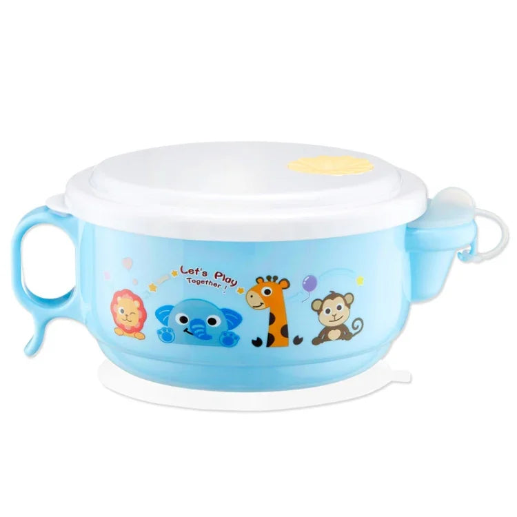 Bát kiểu hoạt hình 2 lớp, bên trong inox và bên ngoài nhựa, dung tích 450ml, có nắp và tay cầm cho trẻ từ 2 đến 9 tuổi