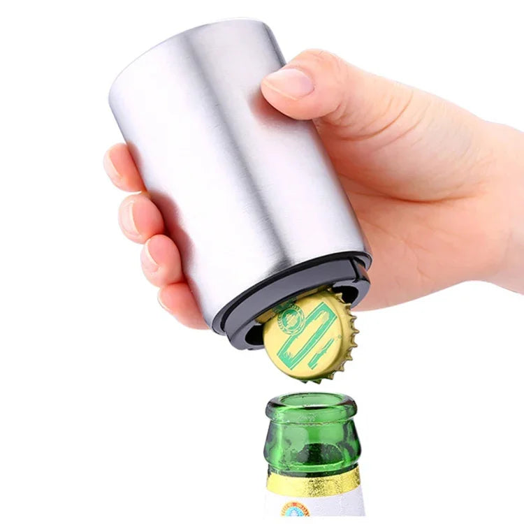 Magnetic Automatic Beer Bottle Cap Opener Stainless Steel Push Down Beer Opener Kitchen Gadgets, Size: 8.5 x 5.2cm, Magnetic Opener