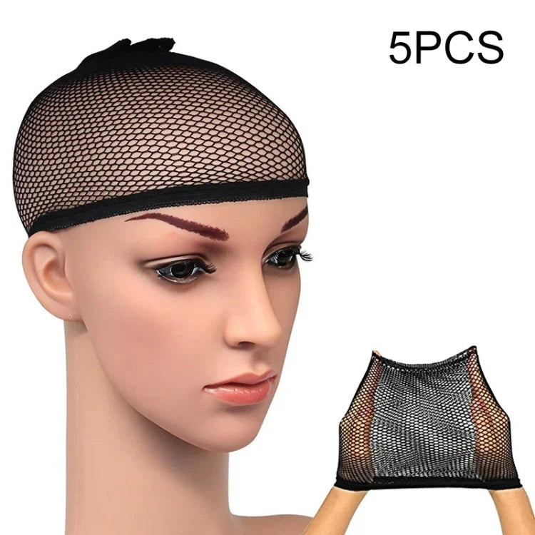 5 chiếc tất lụa co giãn cao, lưới tóc giả, mũ lót tóc giả, mũ snood lưới, A, Màu: Đen, A