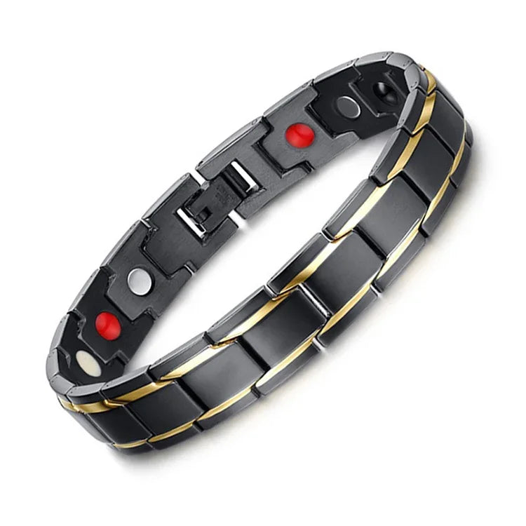 Vòng tay sức khỏe nam thời trang kiểu châu Âu và Mỹ bằng thép không gỉ + mạ vàng từ tính, cỡ: 12mm*22cm (Đen+Vàng), cỡ: 12mm*22cm (Đen+Vàng)