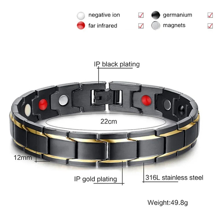 Vòng tay sức khỏe nam thời trang kiểu châu Âu và Mỹ bằng thép không gỉ + mạ vàng từ tính, cỡ: 12mm*22cm (Đen+Vàng), cỡ: 12mm*22cm (Đen+Vàng)