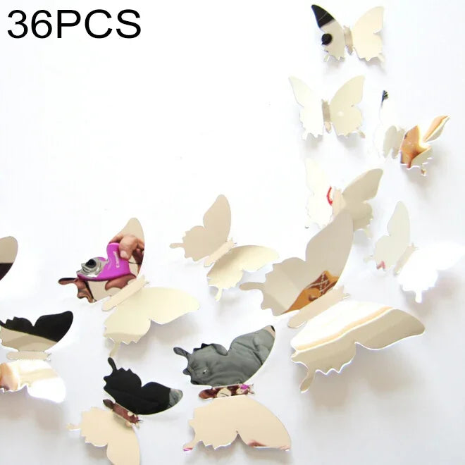 Bộ 36 miếng dán tường trang trí nhà sáng tạo bề mặt gương PC 3D hình bướm, miếng dán tường hình bướm 2