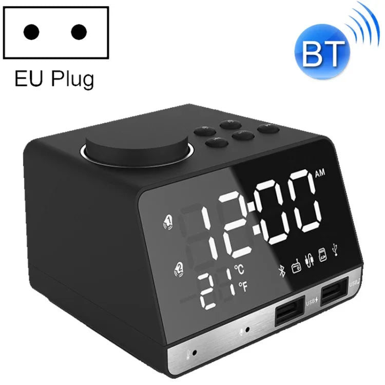 K11 Loa đồng hồ báo thức Bluetooth sáng tạo, đồng hồ kỹ thuật số hiển thị nhạc, radio với 2 cổng USB, hỗ trợ U Disk / thẻ TF / FM / AUX, phích cắm EU, màu đen, màu trắng