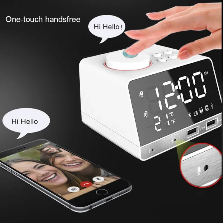 K11 Loa đồng hồ báo thức Bluetooth sáng tạo, đồng hồ kỹ thuật số hiển thị nhạc, radio với 2 cổng USB, hỗ trợ U Disk / thẻ TF / FM / AUX, phích cắm EU, màu đen, màu trắng