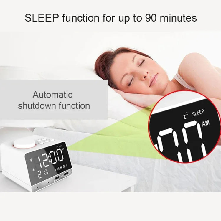 K11 Loa đồng hồ báo thức Bluetooth sáng tạo, đồng hồ kỹ thuật số hiển thị nhạc, radio với 2 cổng USB, hỗ trợ U Disk / thẻ TF / FM / AUX, phích cắm EU, màu đen, màu trắng