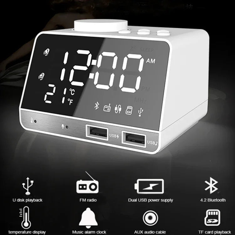 K11 Loa đồng hồ báo thức Bluetooth sáng tạo, đồng hồ kỹ thuật số hiển thị nhạc, radio với 2 cổng USB, hỗ trợ U Disk / thẻ TF / FM / AUX, phích cắm EU, màu đen, màu trắng