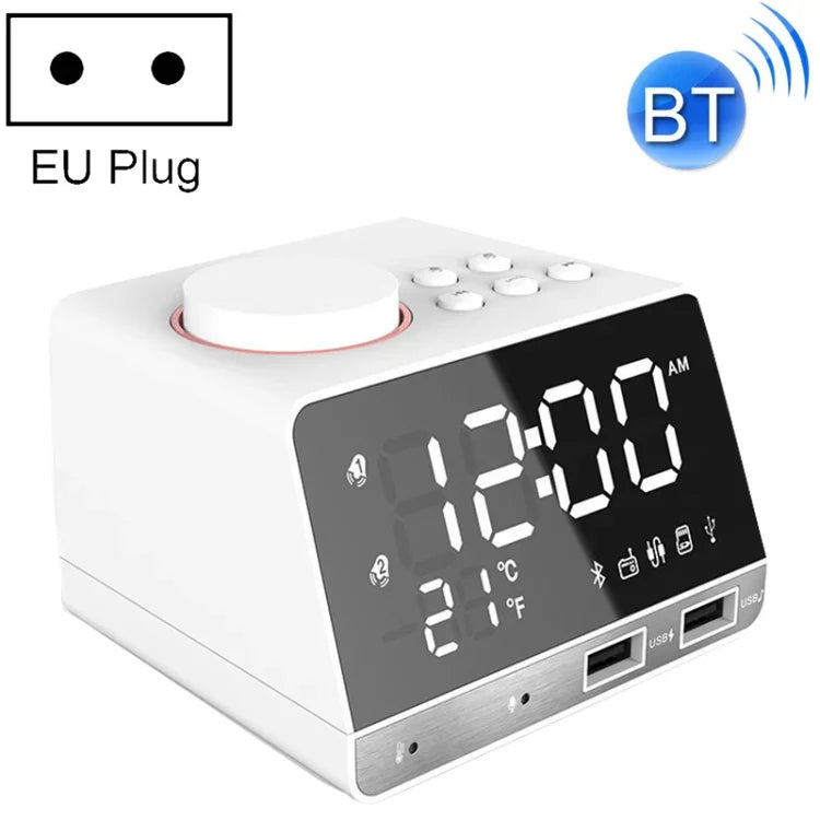 K11 Loa đồng hồ báo thức Bluetooth sáng tạo, đồng hồ kỹ thuật số hiển thị nhạc, radio với 2 cổng USB, hỗ trợ U Disk / thẻ TF / FM / AUX, phích cắm EU, màu đen, màu trắng