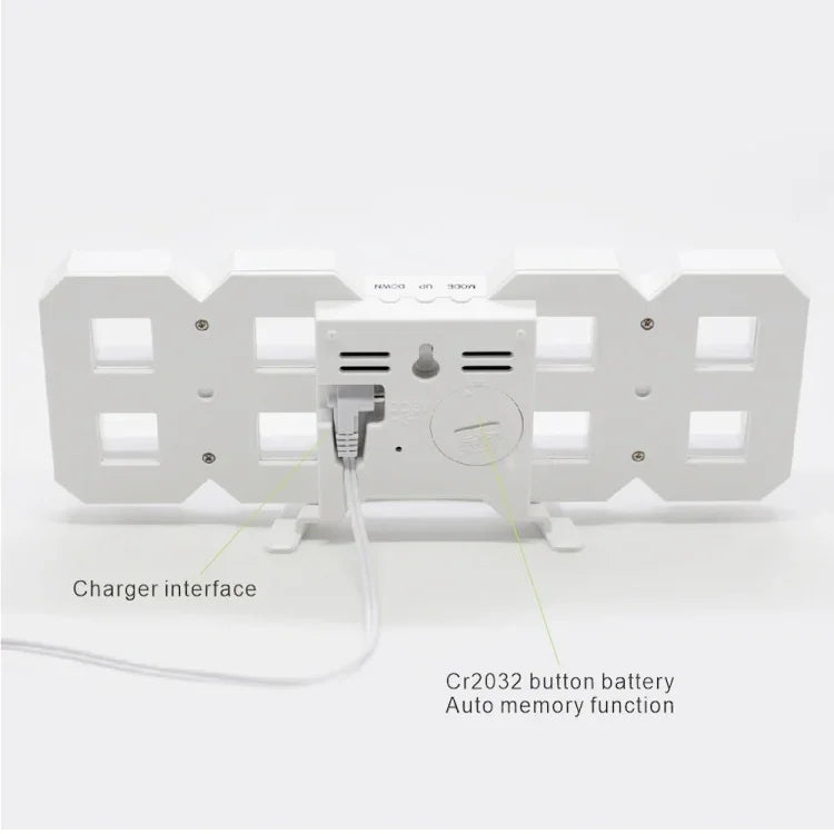 Đồng hồ báo thức treo tường LED kỹ thuật số 3D đa chức năng lớn có chức năng tạm dừng, hiển thị 12/24 giờ cho nhà, bếp, văn phòng, DC 5V, chứng nhận CE, thân trắng chữ xanh lá, thân trắng chữ xanh dương, thân trắng chữ đỏ