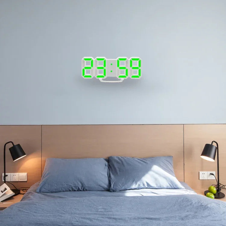 Đồng hồ báo thức treo tường LED kỹ thuật số 3D đa chức năng lớn có chức năng tạm dừng, hiển thị 12/24 giờ cho nhà, bếp, văn phòng, DC 5V, chứng nhận CE, thân trắng chữ xanh lá, thân trắng chữ xanh dương, thân trắng chữ đỏ