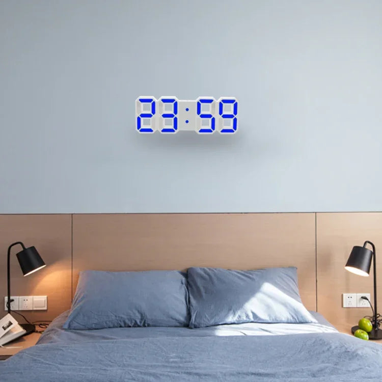 Đồng hồ báo thức treo tường LED kỹ thuật số 3D đa chức năng lớn có chức năng tạm dừng, hiển thị 12/24 giờ cho nhà, bếp, văn phòng, DC 5V, chứng nhận CE, thân trắng chữ xanh lá, thân trắng chữ xanh dương, thân trắng chữ đỏ
