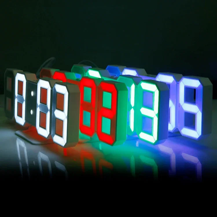 Đồng hồ báo thức treo tường LED kỹ thuật số 3D đa chức năng lớn có chức năng tạm dừng, hiển thị 12/24 giờ cho nhà, bếp, văn phòng, DC 5V, chứng nhận CE, thân trắng chữ xanh lá, thân trắng chữ xanh dương, thân trắng chữ đỏ