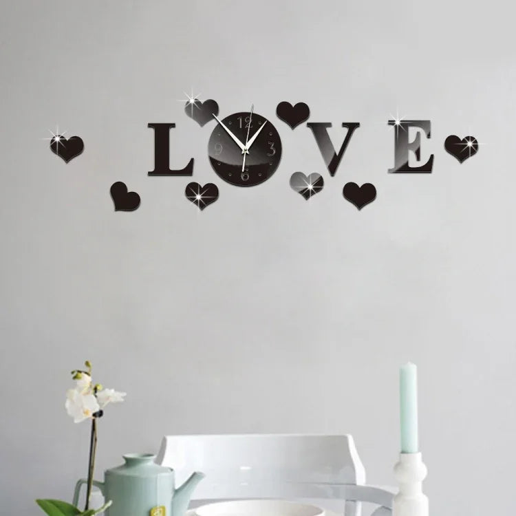 Đồng hồ LOVE sáng tạo bằng gương acrylic dán tường tự làm, đồng hồ LOVE gương acrylic (Đen), đồng hồ LOVE gương acrylic (Vàng), đồng hồ LOVE gương acrylic (Bạc)
