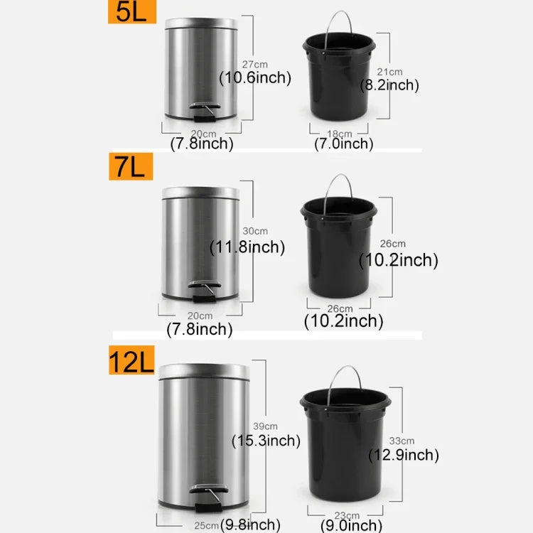 Thùng rác đạp nắp tròn thời trang bằng thép không gỉ cho gia đình, khách sạn, văn phòng, dung tích 7L