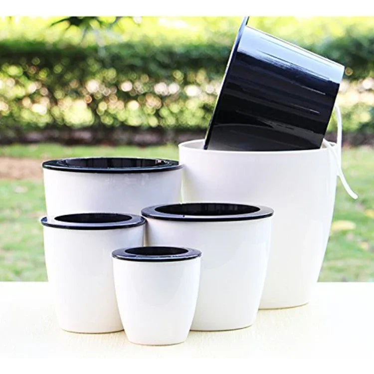Chậu hoa tự động hút nước Lazy Flower Pots trồng cây thủy canh, chậu hoa nhựa resin hình tròn thiết kế hai lớp, đường kính: 15cm, chiều cao: 15.5cm