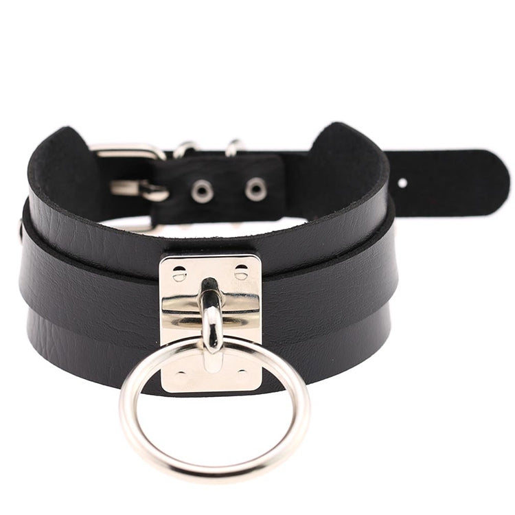 Vòng cổ choker hình chữ O rộng kiểu Harajuku châu Âu và Mỹ bằng da PU bạc nhẫn đơn, nhẫn bạc