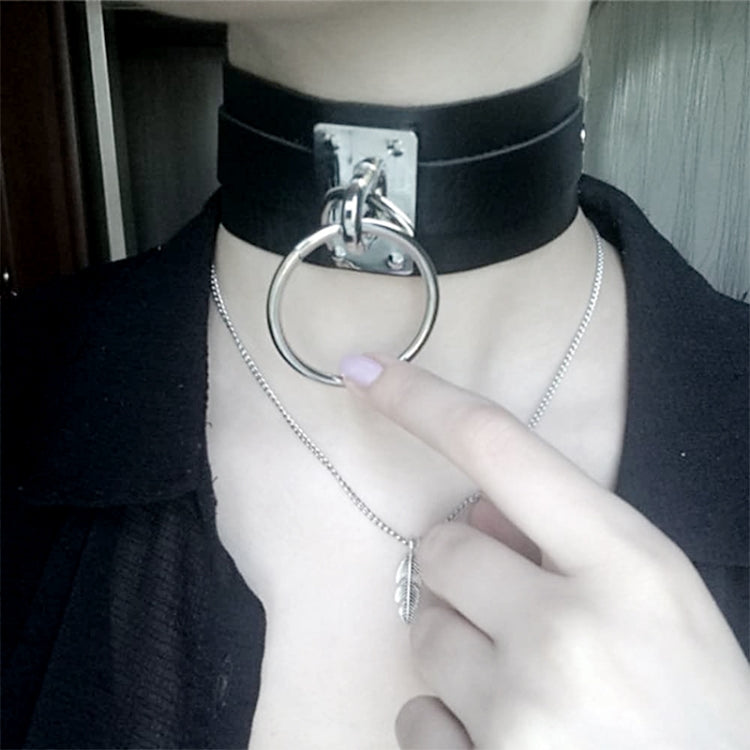 Vòng cổ choker hình chữ O rộng kiểu Harajuku châu Âu và Mỹ bằng da PU bạc nhẫn đơn, nhẫn bạc