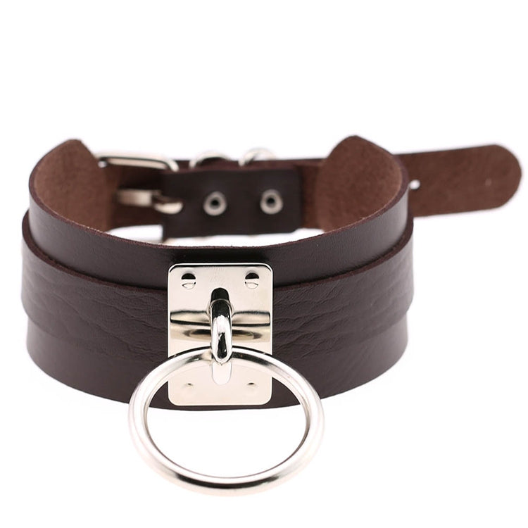 Vòng cổ choker hình chữ O rộng kiểu Harajuku châu Âu và Mỹ bằng da PU bạc nhẫn đơn, nhẫn bạc