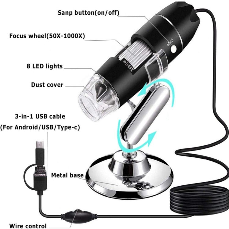 Kính hiển vi kỹ thuật số USB 3 trong 1 cảm biến hình ảnh HD phóng đại 1600X với 8 đèn LED & giá đỡ chuyên nghiệp