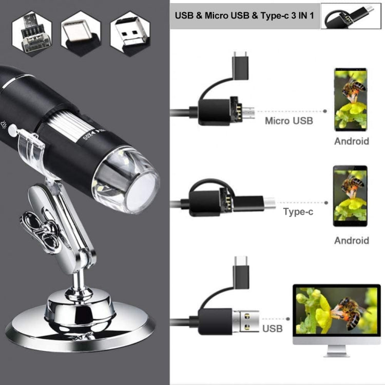 Kính hiển vi kỹ thuật số USB 3 trong 1 cảm biến hình ảnh HD phóng đại 1600X với 8 đèn LED & giá đỡ chuyên nghiệp