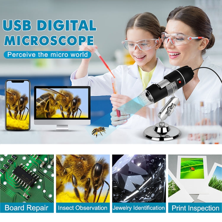 Kính hiển vi kỹ thuật số USB 3 trong 1 cảm biến hình ảnh HD phóng đại 1600X với 8 đèn LED & giá đỡ chuyên nghiệp
