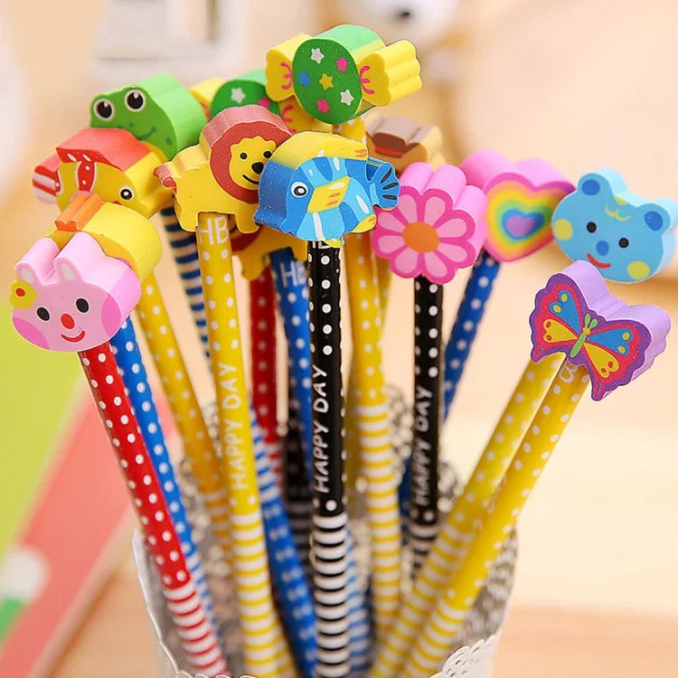 Bộ 10 bút chì gỗ HB hoạt hình sáng tạo kèm tẩy cho trẻ em, dùng cho trường học và văn phòng, giao màu ngẫu nhiên, bút chì HB có tẩy