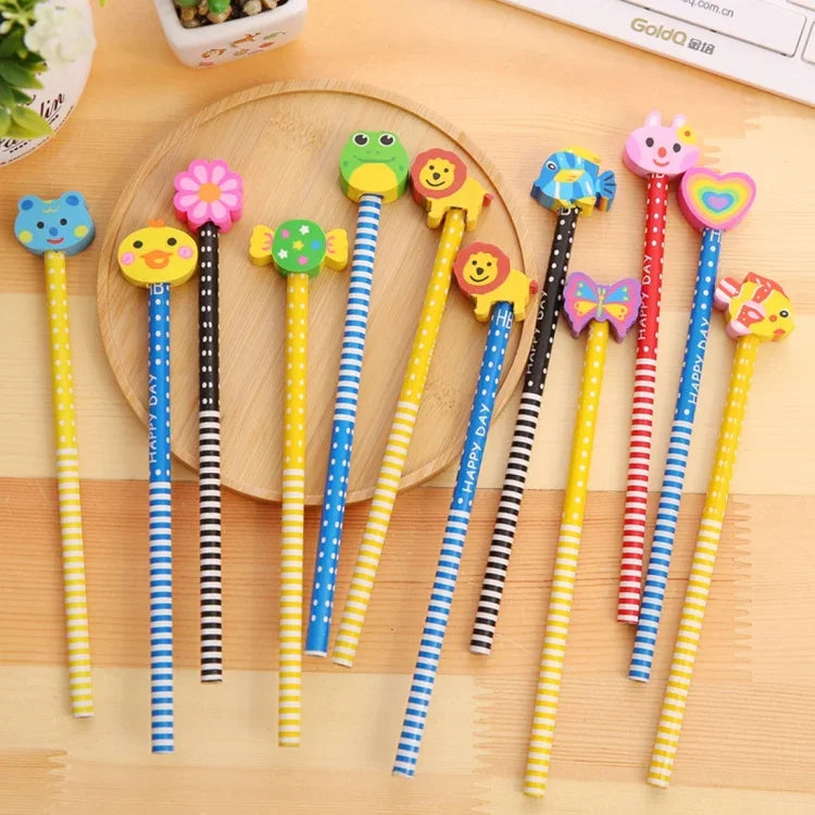Bộ 10 bút chì gỗ HB hoạt hình sáng tạo kèm tẩy cho trẻ em, dùng cho trường học và văn phòng, giao màu ngẫu nhiên, bút chì HB có tẩy