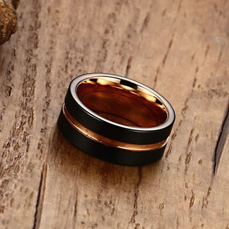 Nhẫn nam kiểu châu Âu và Mỹ cổ điển bằng cacbua vonfram nguyên chất mạ vàng hồng chải tay, cỡ: 7 Đường kính: 17.4mm, Chu vi: 55mm, cỡ: 7
