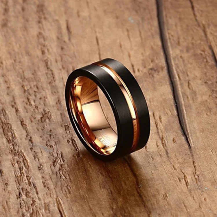 Nhẫn nam phong cách châu Âu và Mỹ cổ điển bằng tungsten carbide nguyên chất mạ vàng hồng chải tay, size: 12, đường kính: 21.5mm, chu vi: 67.5mm, size 12
