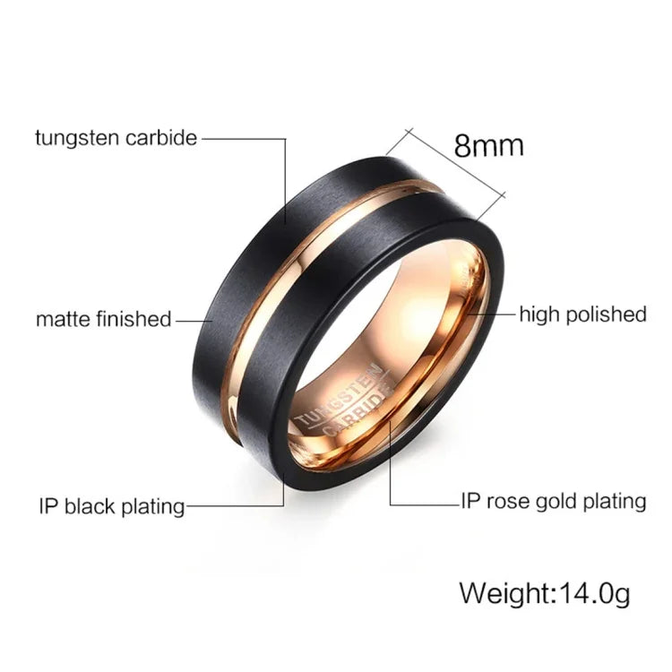 Nhẫn nam phong cách châu Âu và Mỹ cổ điển bằng tungsten carbide nguyên chất mạ vàng hồng chải tay, size: 12, đường kính: 21.5mm, chu vi: 67.5mm, size 12