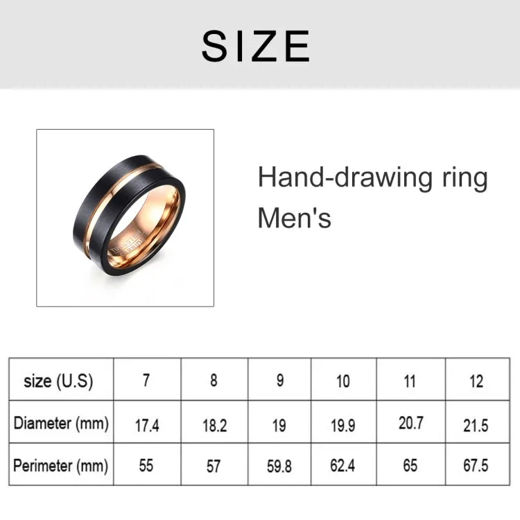 Nhẫn nam phong cách châu Âu và Mỹ cổ điển bằng tungsten carbide nguyên chất mạ vàng hồng chải tay, size: 12, đường kính: 21.5mm, chu vi: 67.5mm, size 12