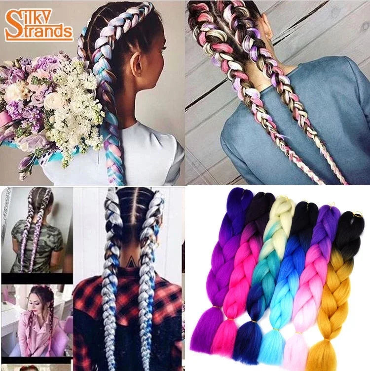 Tóc giả bím cá nhân màu gradient thời trang sợi hóa học bím to, giao màu ngẫu nhiên, chiều dài: 60cm, giao màu ngẫu nhiên