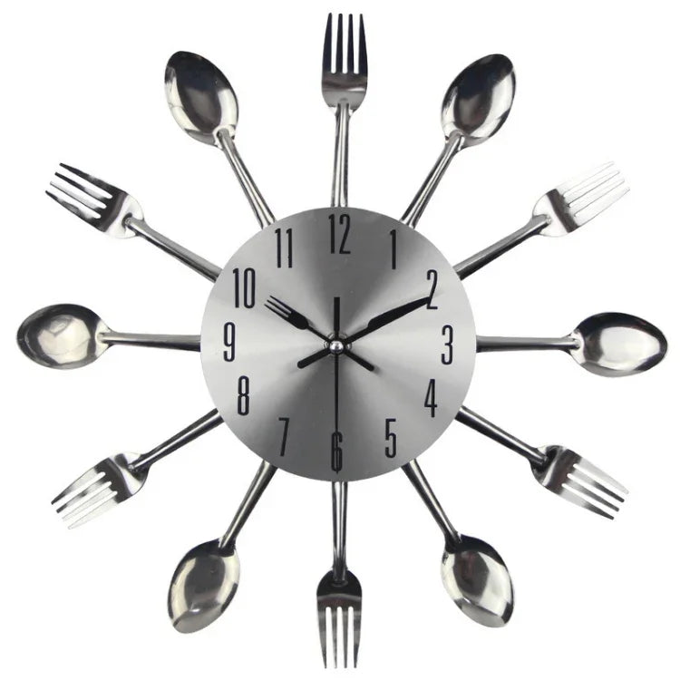 Đồng hồ tường nhà bếp kim loại dao nĩa sáng tạo kiểu quartz treo tường hiện đại trang trí, Bạc, Bạc