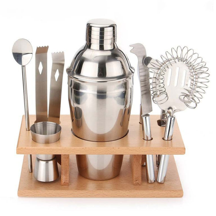 Bộ dụng cụ lắc cocktail inox 9 trong 1 có giá gỗ, dung tích 550ml, 550ml