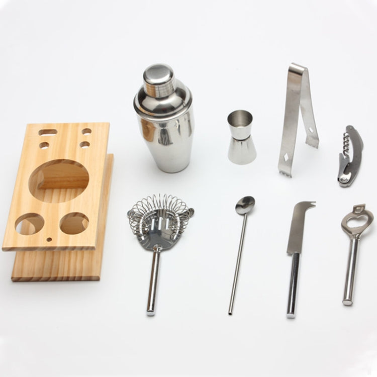 Bộ dụng cụ lắc cocktail inox 9 trong 1 có giá gỗ, dung tích 550ml, 550ml