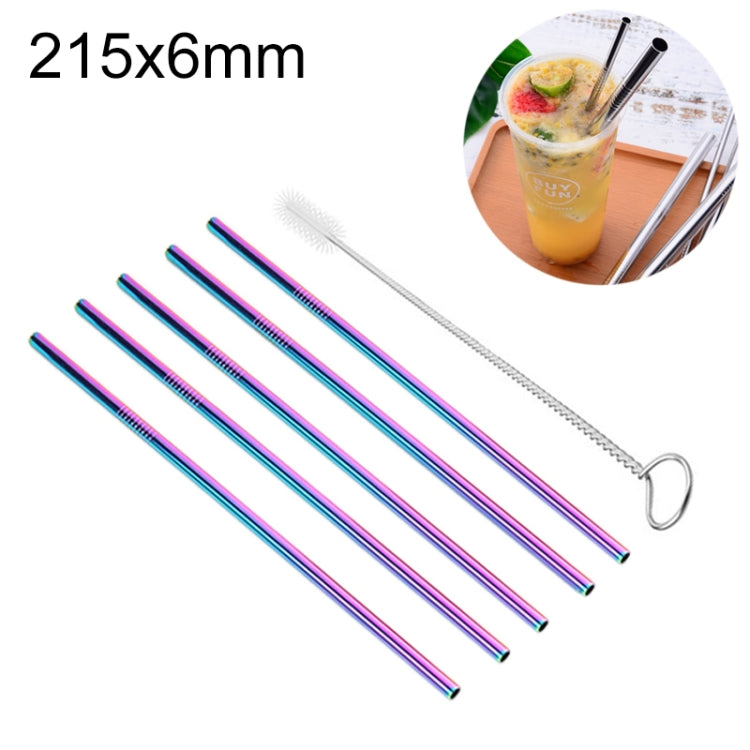 Bộ 5 ống hút thẳng bằng thép không gỉ có thể tái sử dụng + bàn chải vệ sinh, 215*6mm, 215*6mm (thẳng)