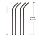 5pcs Reusable Stainless Steel Bent Drinking Straw + Cleaner Brush Set Kit,  215*8mm, 215*8mm (Bent)