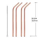 5pcs Reusable Stainless Steel Bent Drinking Straw + Cleaner Brush Set Kit,  215*8mm, 215*8mm (Bent)