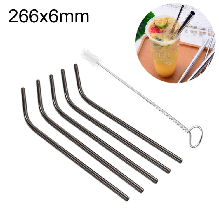 Bộ 5 ống hút thép không gỉ uốn cong tái sử dụng + cọ vệ sinh, 266*6mm, 266*6mm (uốn cong)