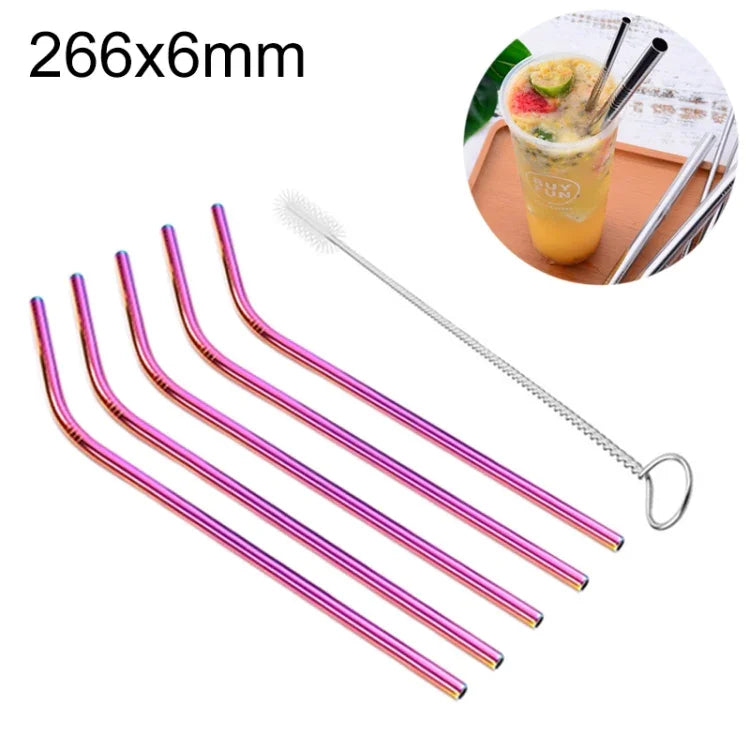 Bộ 5 ống hút thép không gỉ uốn cong tái sử dụng + cọ vệ sinh, 266*6mm, 266*6mm (uốn cong)